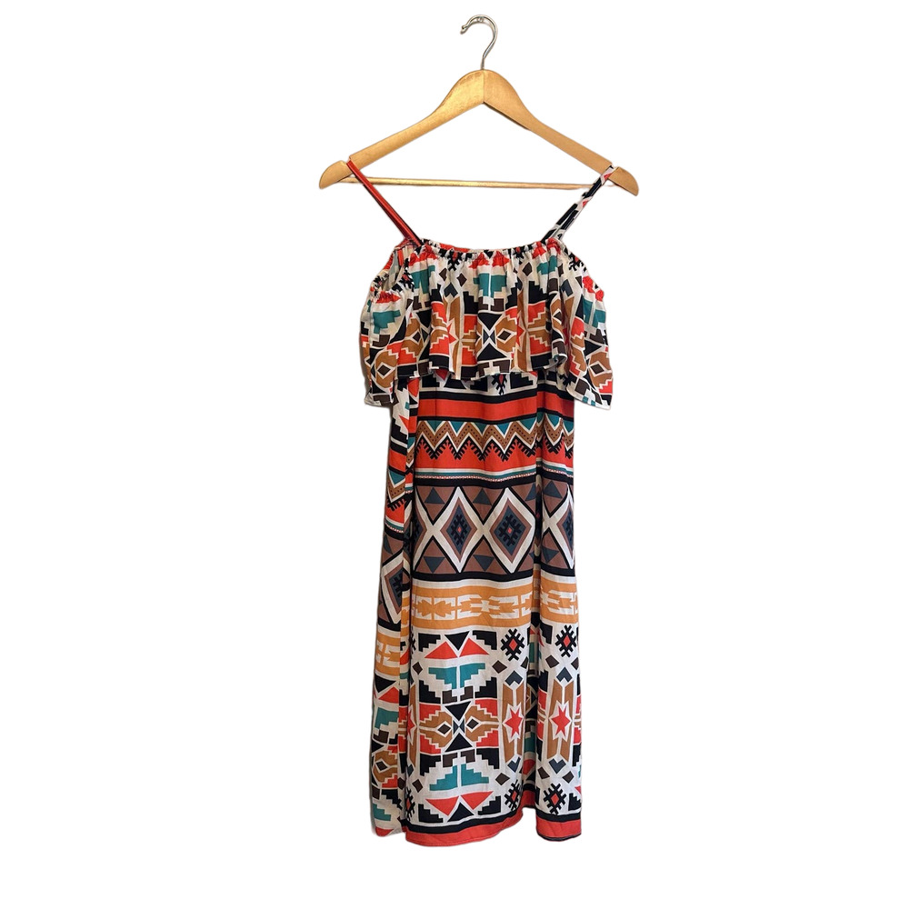 Milan Kiss Orange Aztec Print Cold Shoulder Dress Size L NEW WITH TAGS